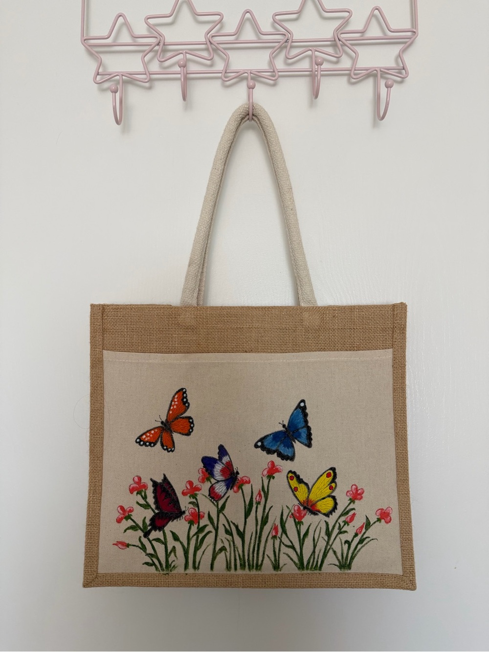 Canvas Butterfly Garden Tote Bag in Beige